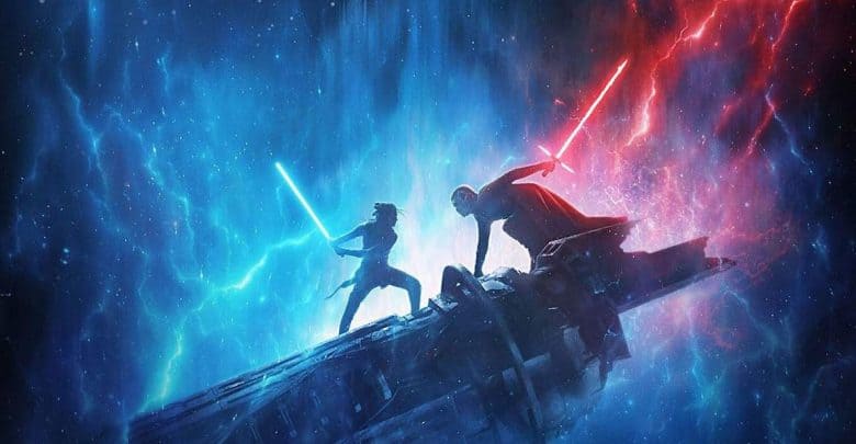 Two figures wielding blue and red lightsabers duel atop wreckage, surrounded by swirling blue and red energy in a dramatic sci-fi scene.
