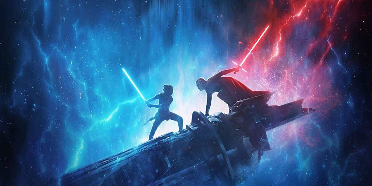 Rey and Kylo Ren wielding lightsabers in 'Star Wars' promotional artwork