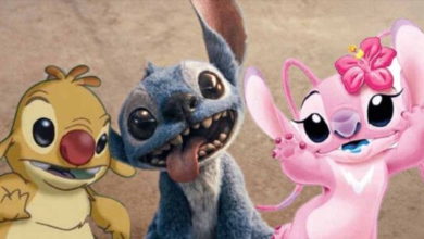 Three animated characters from "Lilo & Stitch": an orange experiment with a red nose (left), blue alien Stitch (center) sticking his tongue out, and a pink experiment with a flower behind her ear (right) posing cheerfully.