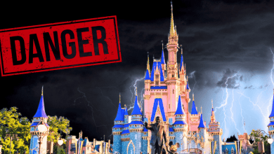 A stormy sky with lightning strikes behind a brightly lit castle, with a large red "DANGER" warning sign displayed prominently in the foreground.