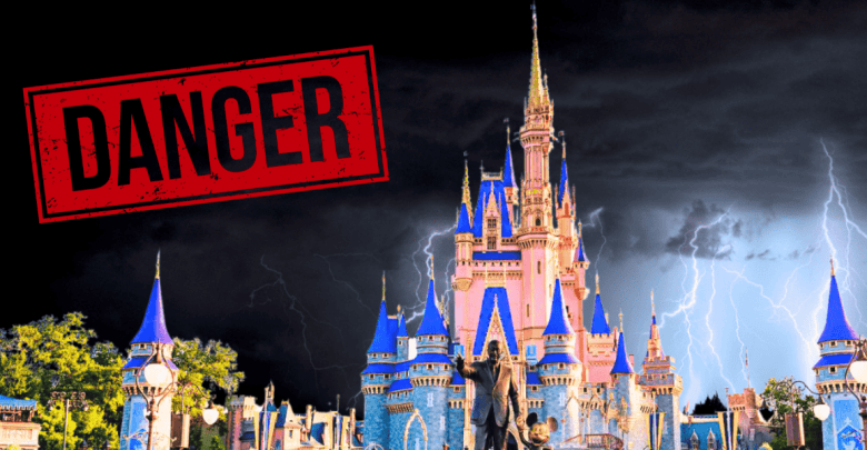 A stormy sky with lightning strikes behind a brightly lit castle, with a large red "DANGER" warning sign displayed prominently in the foreground.