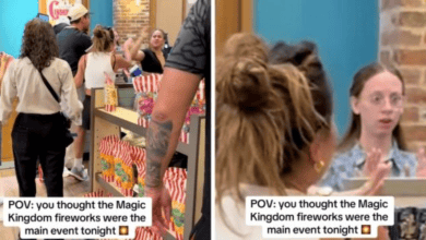 Two-panel image: Left, people wait in line at a busy shop counter with popcorn bags on display. Right, a surprised cashier with glasses reacts as a woman speaks to her. Text overlay: "POV: you thought the Fight at Disney Springs was the main event tonight.