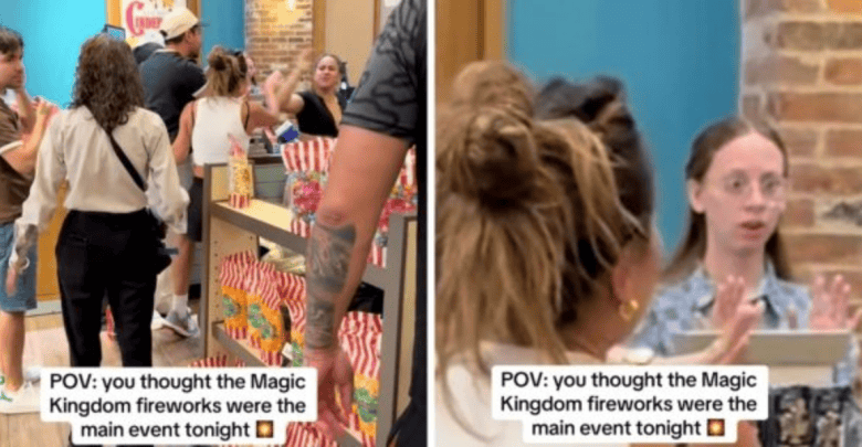 Two-panel image: Left, people wait in line at a busy shop counter with popcorn bags on display. Right, a surprised cashier with glasses reacts as a woman speaks to her. Text overlay: "POV: you thought the Fight at Disney Springs was the main event tonight.