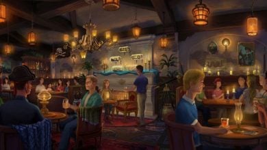 A cozy, warmly lit tavern filled with people chatting, drinking, and relaxing. Wooden beams and lanterns hang above, while Disney World Renovations inspire charming details like paintings, plants, and a fireplace in the inviting atmosphere.