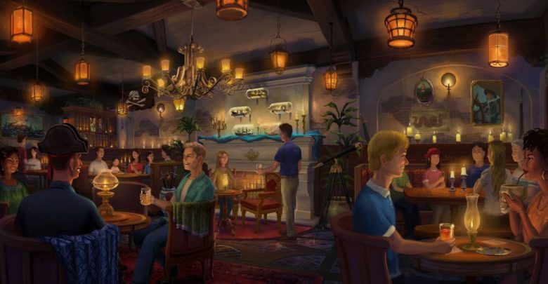 A cozy, warmly lit tavern filled with people chatting, drinking, and relaxing. Wooden beams and lanterns hang above, while Disney World Renovations inspire charming details like paintings, plants, and a fireplace in the inviting atmosphere.