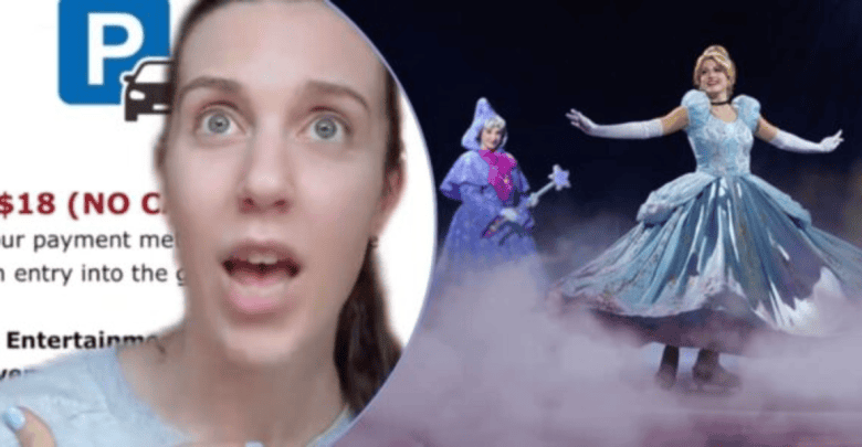 Left: A woman talking about the Dress code at Disney on Ice. Right: Cinderella and the Fairy Godmother skating.