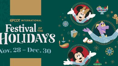 Illustration for EPCOT International Festival of the Holidays, Nov. 28–Dec. 30, featuring Mickey Mouse, Minnie Mouse, and Figment surrounded by festive foods, snowflakes, and holiday decorations.