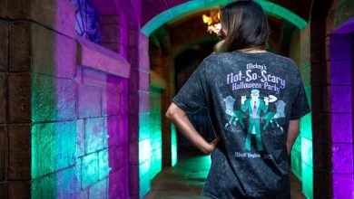A person stands with their back to the camera in a dim, stone hallway lit with green and purple lights, wearing a T-shirt that says “Mickey's Not-So-Scary Halloween Party” with Disney characters on the back.