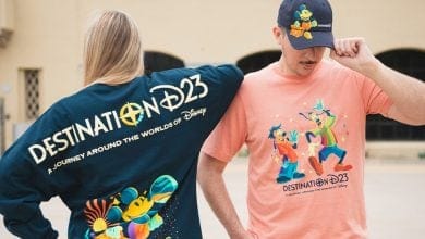 Two people wear Disney-themed "Destination D23" apparel; one shows the back of a navy sweatshirt with Disney characters, while the other wears a peach t-shirt with the same characters and a matching cap, both standing outdoors.