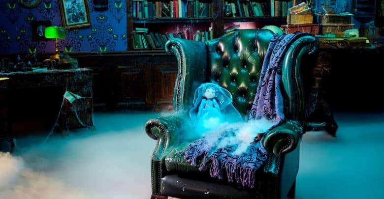 A dimly lit, eerie study with a green leather armchair draped in a purple cloth, a ghostly blue doll sitting on it, and fog covering the floor. Bookshelves and an old desk are in the background.
