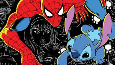 Spider-Man and Stitch leap forward together in colorful comic style, as Stitch crashes Disney in a black-and-white background filled with dramatic faces and expressions.