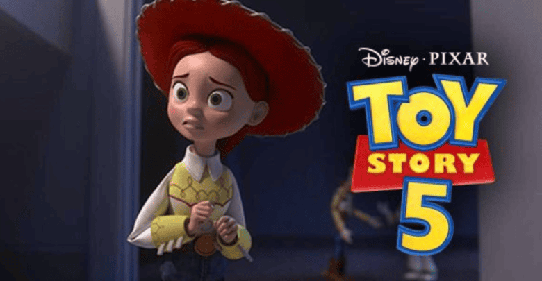 Jessie, a cowgirl doll from Toy Story, looks concerned while standing near a doorway. The Disney Pixar Toy Story 5 logo and hints of a New Character named LilyPad are prominently displayed on the right side of the image.