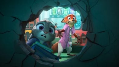 A worried Judy Hopps and startled orange fox stand inside a building, seen through a large hole in the wall. The rabbit holds blue folders while colorful computer screens glow in the background.