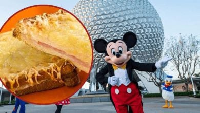 Mickey Mouse and Donald Duck pose in front of Epcot’s geodesic sphere at Disney World. An inset highlights two slices of toasted bread with ham and melted cheese, a tasty example of cheap food at EPCOT.