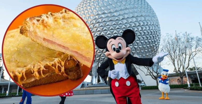 Mickey Mouse and Donald Duck pose in front of Epcot’s geodesic sphere at Disney World. An inset highlights two slices of toasted bread with ham and melted cheese, a tasty example of cheap food at EPCOT.