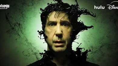 David Schwimmer’s head and shoulders are emerging from or being engulfed by black, inky liquid with splashes and tendrils set against a green background. The image features the logos for Goosebumps, Hulu, and Disney+ in the corners.