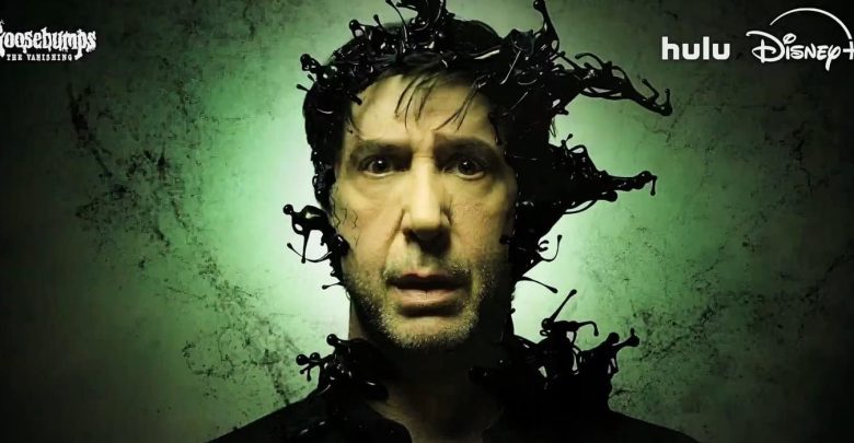 David Schwimmer’s head and shoulders are emerging from or being engulfed by black, inky liquid with splashes and tendrils set against a green background. The image features the logos for Goosebumps, Hulu, and Disney+ in the corners.