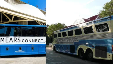 Two blue buses are parked outdoors. The bus on the left has "MEARS CONNECT" written on its side, while the bus on the right is labeled "Disney's Magical Express." Both are under a sunny sky with some greenery visible.
