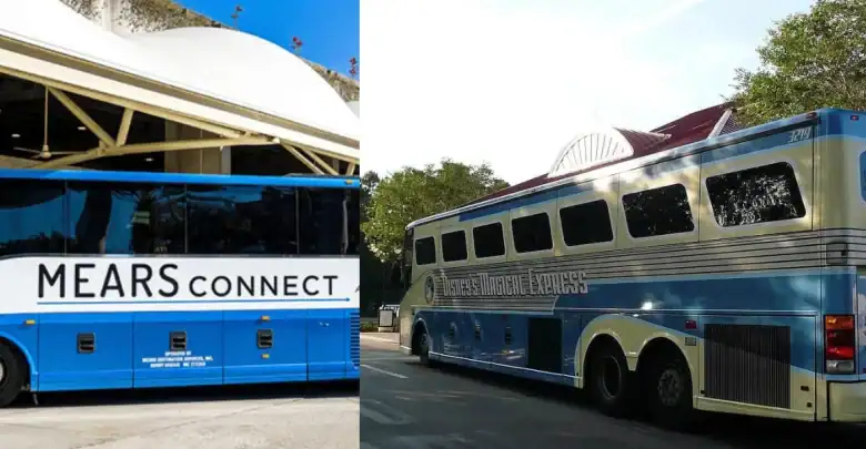 Two blue buses are parked outdoors. The bus on the left has "MEARS CONNECT" written on its side, while the bus on the right is labeled "Disney's Magical Express." Both are under a sunny sky with some greenery visible.