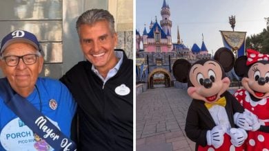 Left: An older man wearing glasses, a Dodgers cap, and a sash reading “Mayor” sits next to a smiling man in a black jacket. Right: Mickey and Minnie Mouse stand together in front of Disneyland’s Sleeping Beauty Castle.