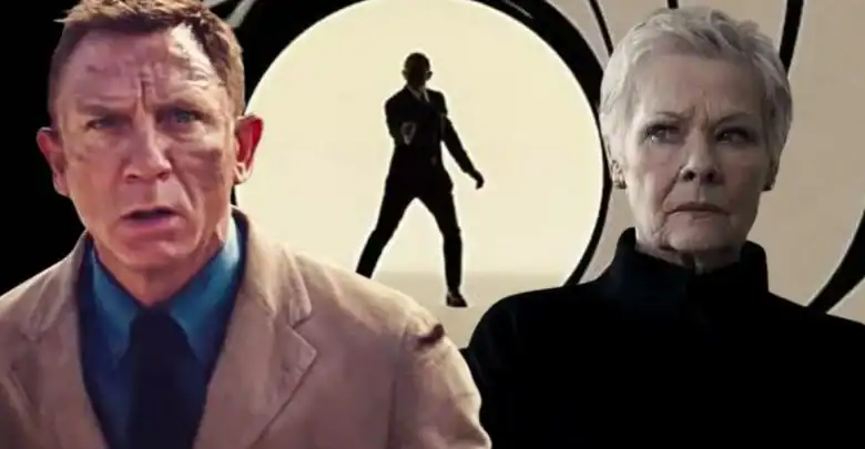 A serious man in a tan suit and a woman with short gray hair stand in front of the iconic James Bond gun barrel backdrop, with a silhouette of a man holding a gun visible in the center background.