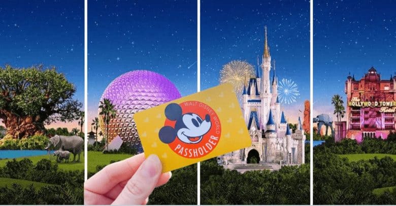 A hand holds a Walt Disney World passholder card in front of icons from the four Disney parks: Tree of Life, Epcot sphere, Cinderella Castle, and Hollywood Tower Hotel, with fireworks in the background.