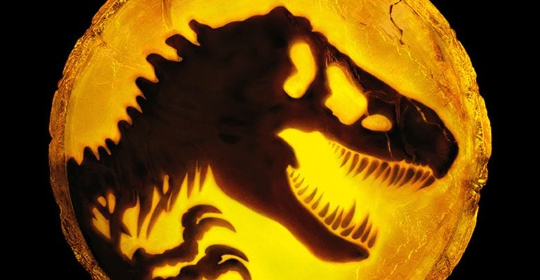 A black silhouette of a dinosaur skull, resembling a T-Rex, is shown inside a glowing, amber-colored circular background. The image evokes a prehistoric or fossil theme.