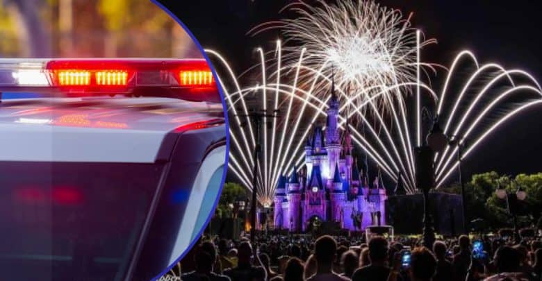 A split image shows police car lights flashing on the left, and a crowd watching fireworks above a brightly lit castle at night on the right.