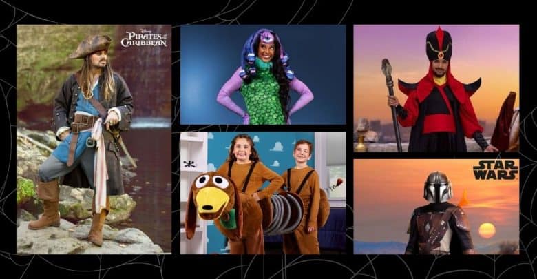 A collage of five people in Disney Costumes: Jack Sparrow from Pirates of the Caribbean, a purple and green mermaid, Jafar from Aladdin, two kids as Slinky Dog, and the Mandalorian from Star Wars.