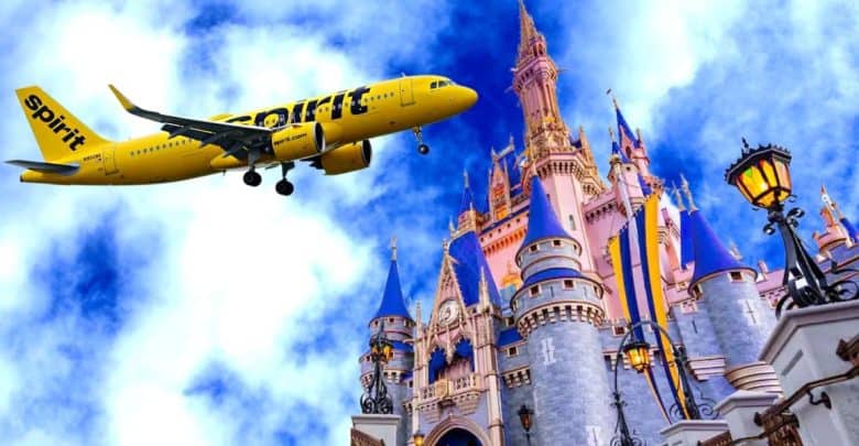 A vibrant image shows a yellow Spirit Airlines plane with visible flames, flying near a fantasy castle reminiscent of Walt Disney World, complete with blue spires and ornate detailing. Fluffy clouds and a bright blue sky fill the background.