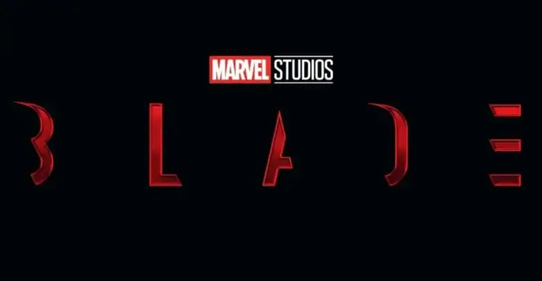 The image shows the Marvel Studios logo above the word "BLADE" in bold, stylized red letters on a black background.