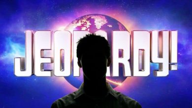 A silhouette of a person stands in front of a glowing Jeopardy! game show logo, with a stylized globe in the background, capturing the excitement of the Jeopardy challenge.