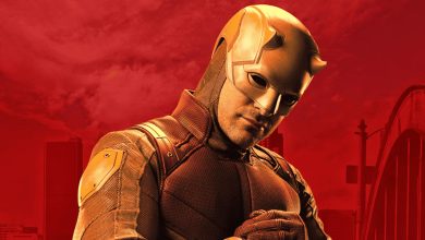A person in a yellow superhero costume and helmet stands with their hands clasped, against a red background with part of a cityscape and a bridge visible.