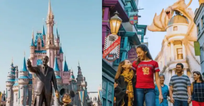 Split image: Left side shows Cinderella Castle at Disney World with a statue of Walt Disney and Mickey Mouse in front. Right side shows people walking in The Wizarding World of Harry Potter at Universal Studios.
