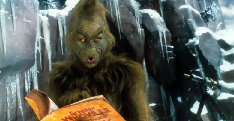 A person in a furry green Grinch costume stands in front of snowy, icy rocks, holding an open book labeled "Greater Whoville Map" and looking at it with a surprised expression.