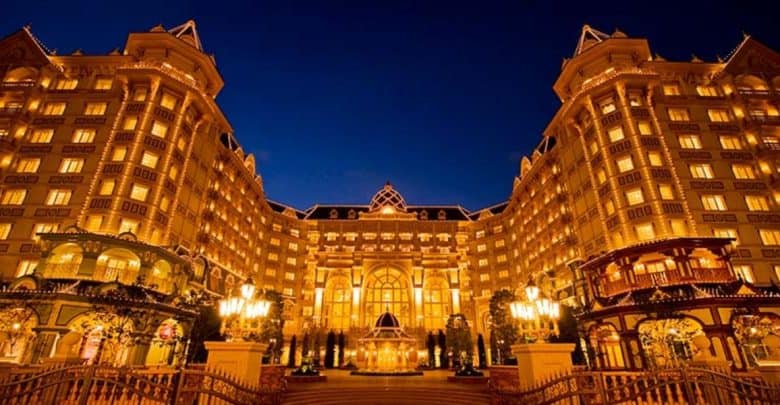 Tokyo Disneyland Hotel exterior lit up at nighttime