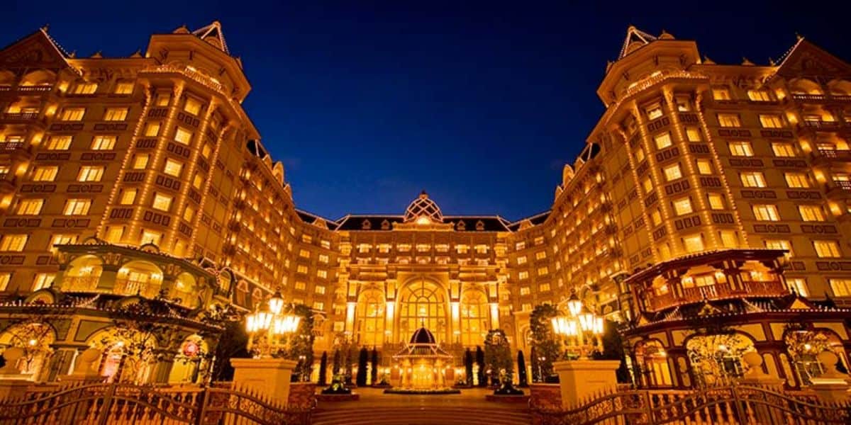 Tokyo Disneyland Hotel exterior lit up at nighttime
