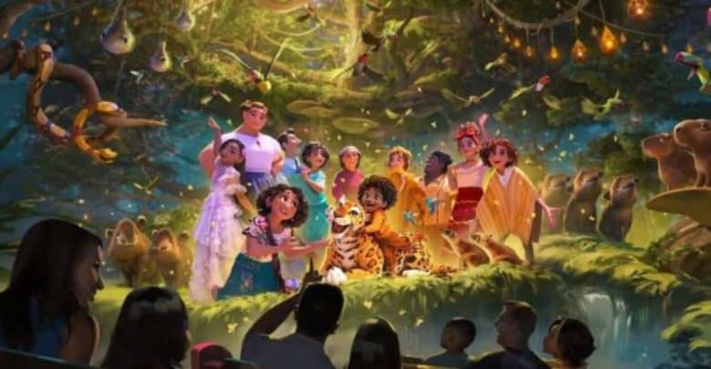 An animated group of colorful characters poses in a magical forest with glowing lights, animals, and birds, watched by silhouetted people in the foreground as if on a ride or attraction.
