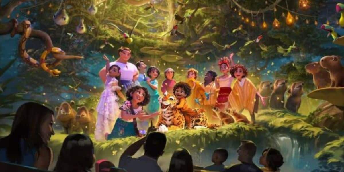 An animated group of colorful characters poses in a magical forest with glowing lights, animals, and birds, watched by silhouetted people in the foreground as if on a ride or attraction.