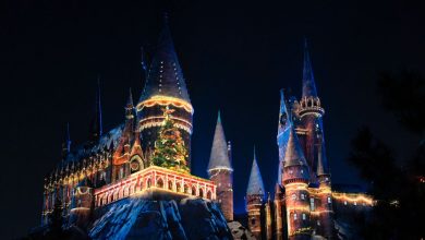 Hogwarts Castle at night during Christmas at Universal Beijing Resort