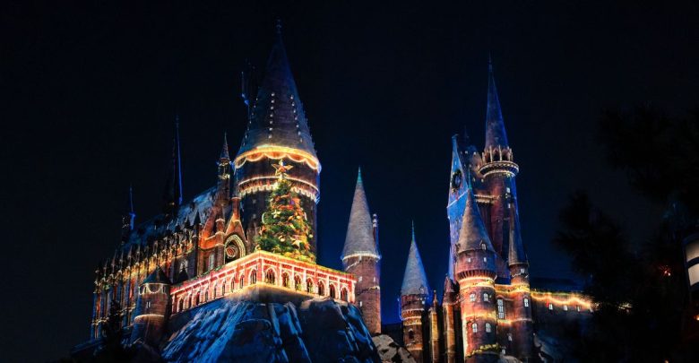 Hogwarts Castle at night during Christmas at Universal Beijing Resort