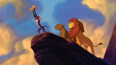 The iconic scene with Rafiki and a lion cub on Pride Rock in 'The Lion King' (1994)