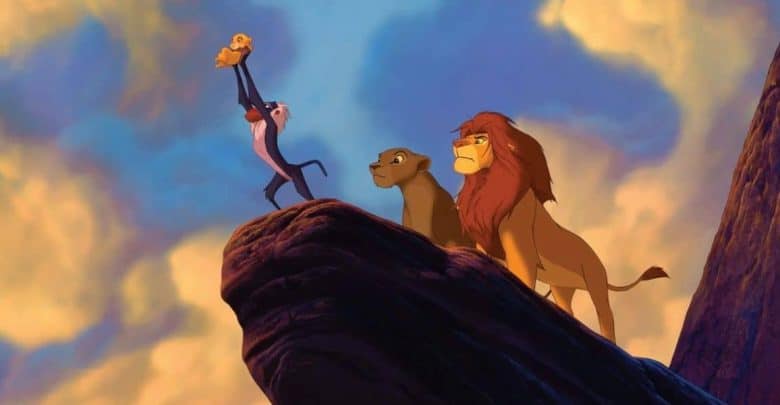 The iconic scene with Rafiki and a lion cub on Pride Rock in 'The Lion King' (1994)