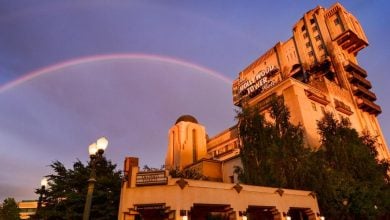 A vibrant rainbow arcs above Disney's Tower of Terror