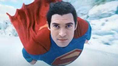 Superman flying over the snow