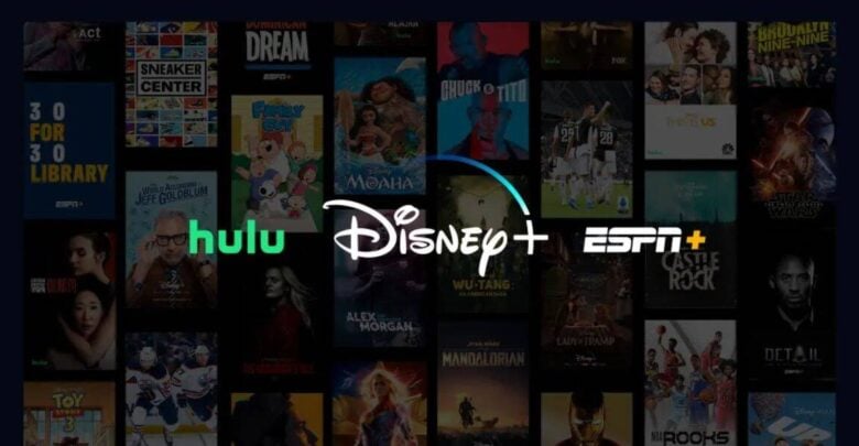 Hulu, Disney+, and ESPN+ logos shine over a vibrant collage of hit movie and show posters, inviting you to stream the magic.