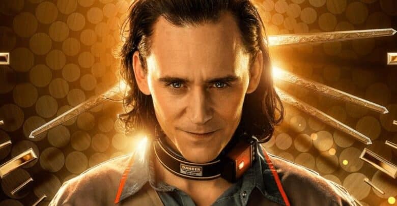 Loki, with his signature long hair and collar, stands before a glowing clock backdrop, giving a sly smile at Avengers Campus.