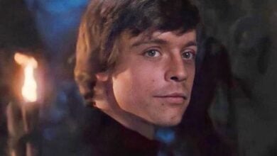 A Luke Skywalker lookalike glances back in a moody, torch-lit scene, evoking Star Wars vibes for park guests.