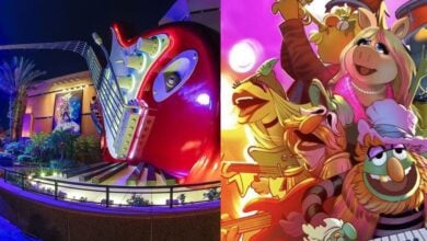 The giant Rock 'n' Roller Coaster guitar lights up at night as the Muppets celebrate its new themed transformation.