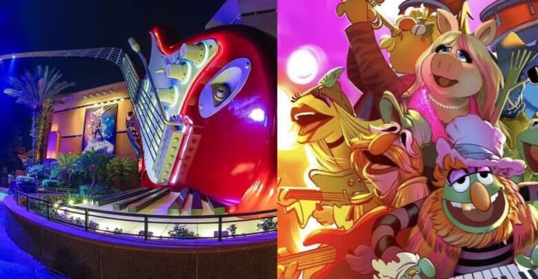 The giant Rock 'n' Roller Coaster guitar lights up at night as the Muppets celebrate its new themed transformation.